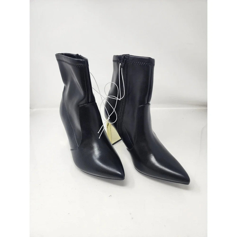 A New Day Womens Ankle Boots Black Faux Leather Gold Heel Casual Size 7